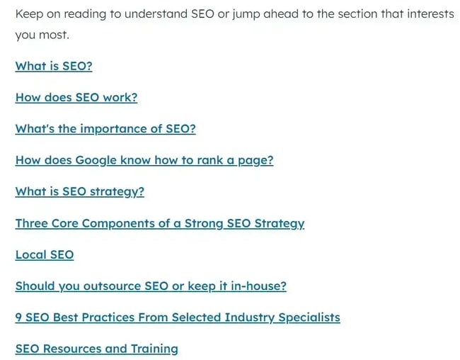 on-page seo ranking factors, table of contents example