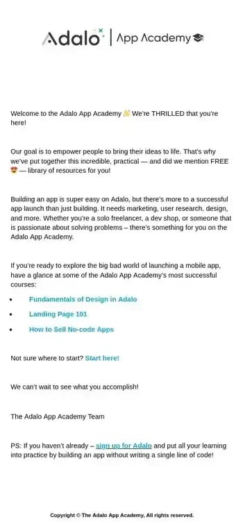 onboarding email example from adalo app company