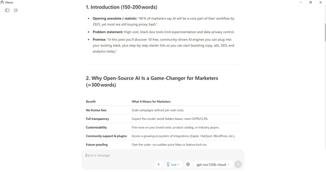 Sections from the blog outline output by Ollama with ‘gpt-ss.120b-cloud’ model, AI-generated text by Ollama