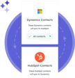 User interface showing options to sync contacts between Microsoft Dynamics and HubSpot, featuring logo icons, descriptive text, and an arrow indicating data flow.