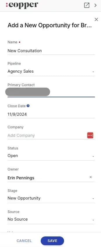 opportunity creation tab in copper crm