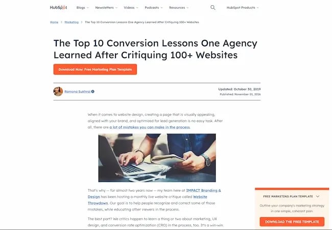 screenshot of a guest blog written by the author on the hubspot blog