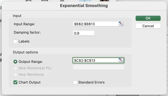 sales forecasting in excel, exponential smoothing step 6
