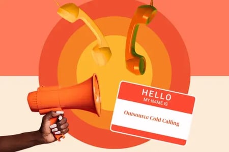 a name tag that says outsource cold calling on it with phones hanging upside down