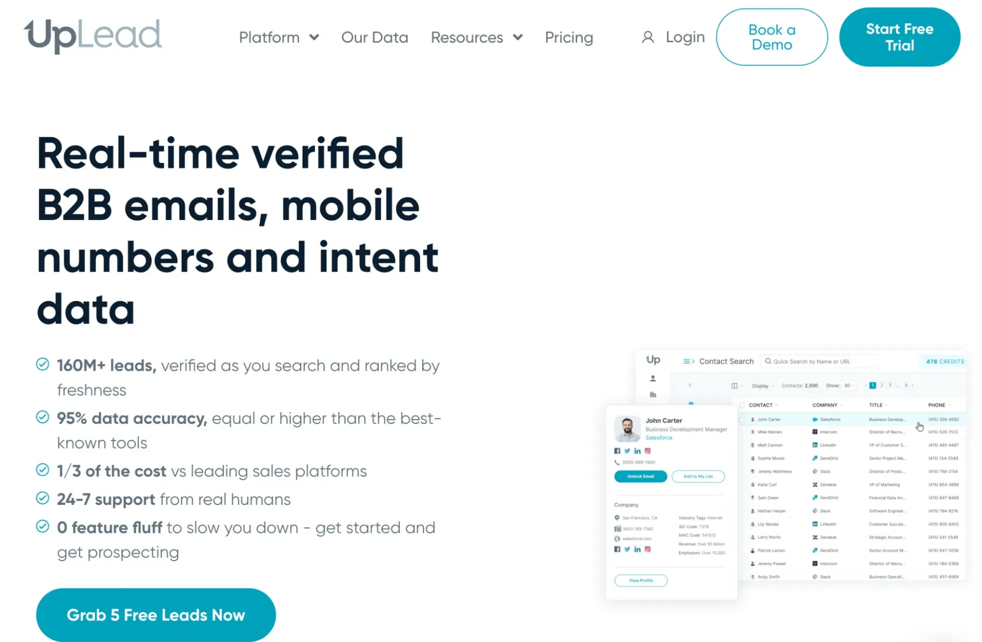 a screenshot of the UpLead homepage featuring a preview of its software