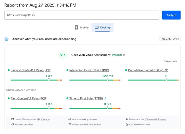 page load time, pagespeed insights analysis of apollo homepage]