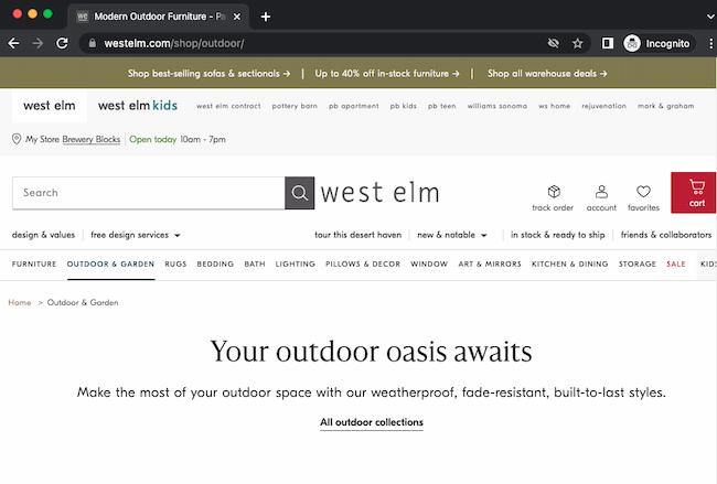 Great page title SEO on this example from West Elm page title reads Your outdoor oasis awaits while the title tag reads Modern Outdoor Furniture to show the intent of the page.