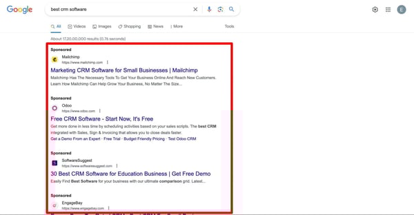customer acquisition costs  paid ads as SERPs listing for best crm software