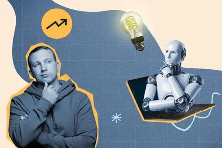 Personality content graphic with Kipp Bodnar, ̽ѡ CMO in a thinking pose alongside an AI robot in a similar pose