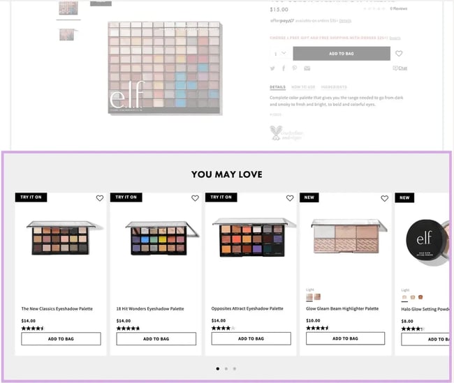personalization example, e.l.f cosmetics personalized shopping page with suggested products
