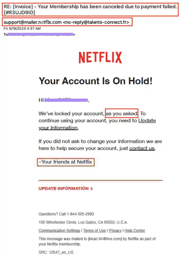 Netflix phishing email example