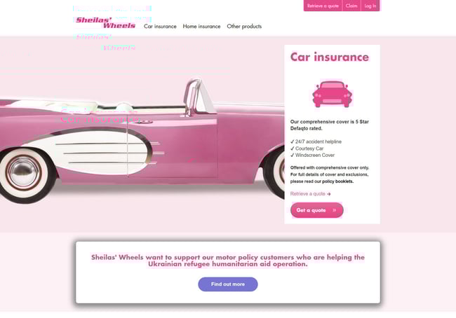 Sheilas Wheels leans into its femininity with a strong pink color scheme including pink backgrounds, pink banner CTAs, and icons.