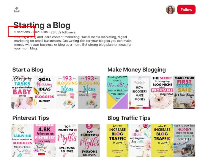 page displaying pinterest sections