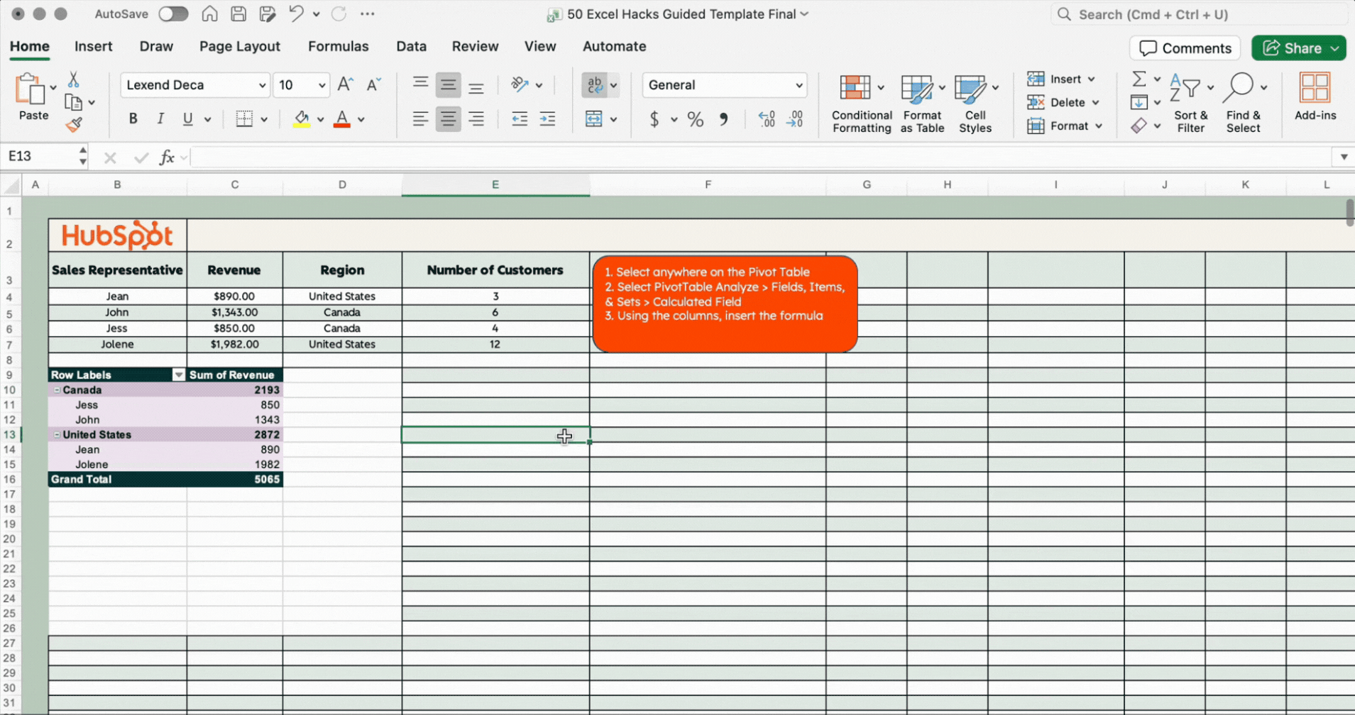 pivot table analyze, add value