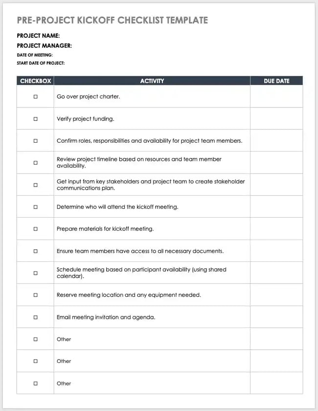 pre project kick off check list