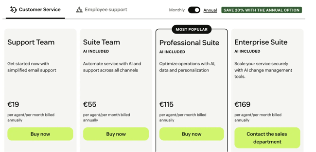 pricing plans for customer service software – zendesk, showcasing different tiers for the best csm tool with ai features and annual discounts.