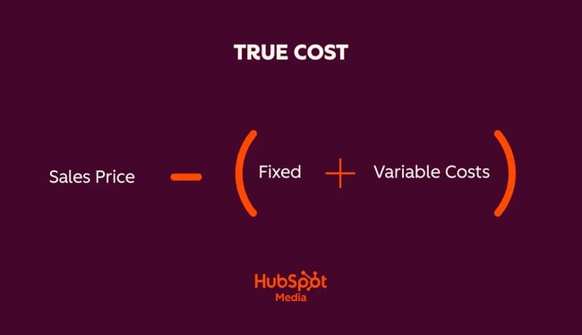 pricing strategy, true cost = sales price – (fixed + variable costs)