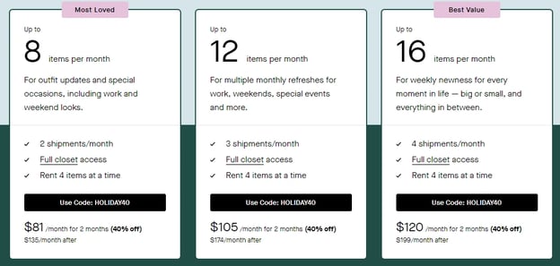 rent the runway tiered pricing
