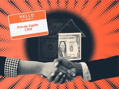 a hubspot-branded featured image of two hands shaking with a faux house made out of two dollar bills, alongside a nametag that says hello my name is private equity crm
