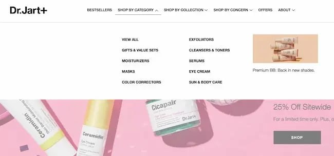 Product categories examples: Dr. Jart+
