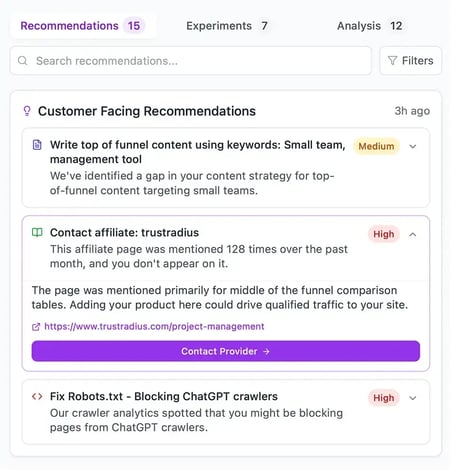Profound alternatives, Screenshot of Xfunnel, showing how the AEO tool supports marketing strategy with prioritized tasks to improve LLM visibility. 