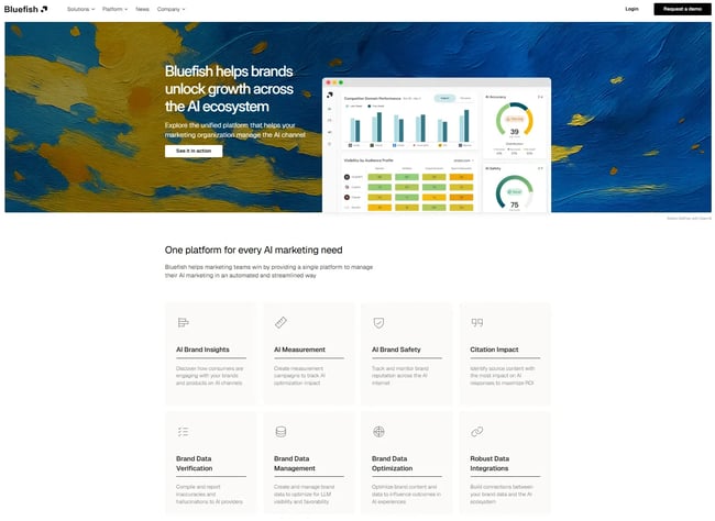 profound alternatives, Screenshot from Bluefish AI showing some of its AI capabilities, such as brand insights, measurement, brand safety, citation impact, and more.