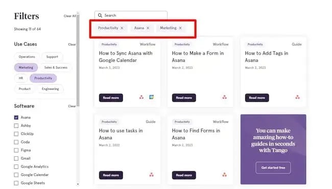programmatic seo with tango, screen shot of filters