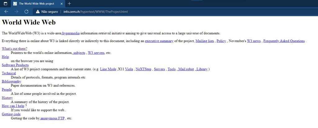 Captura de tela do 'O Projeto' primeiro site da história, criado em 1991