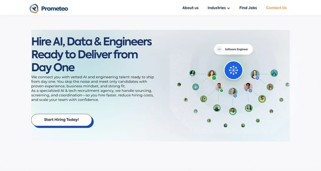 prometeo recruitment website design with a hire ai, data, and engineers hero and a candidate-matching graphic
