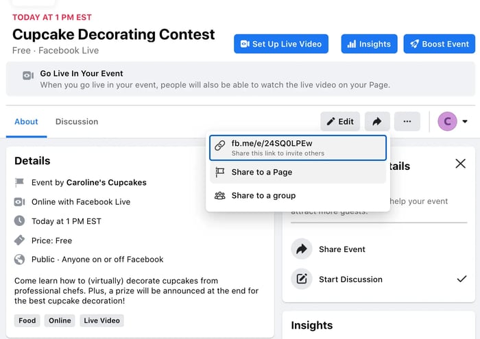 The Share button on your Cupcake Decorating Content where you can copy a link to share with others off Facebook