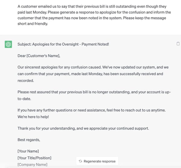 Customer Service Use Cases for ChatGPT; apologize for not acknowledging payment