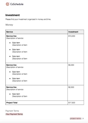 CoSchedule Marketing Proposal Template (Investment Section): example od a marketing proposal template