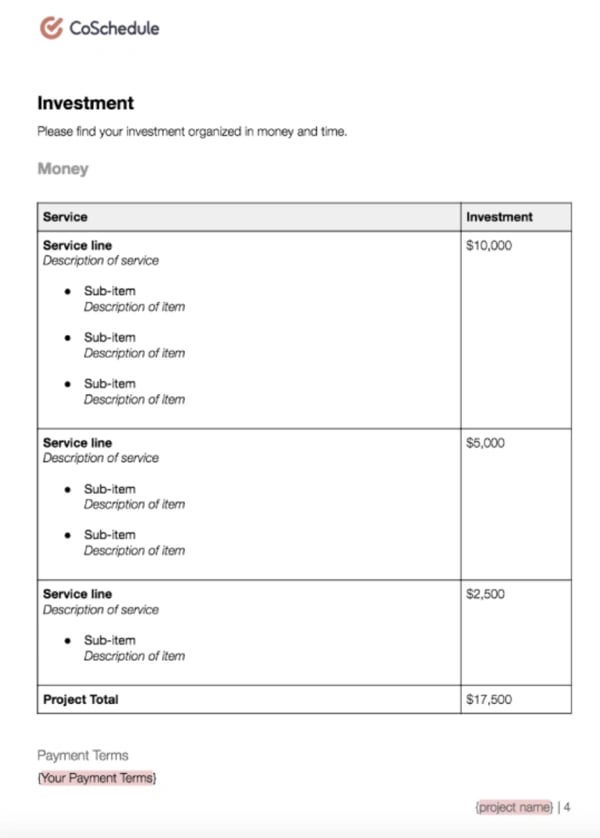 CoSchedule Marketing Proposal Template (Investment Section): example od a marketing proposal template