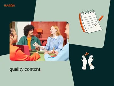 Quality content represented by a photo of coworkers discussing at a table and graphics