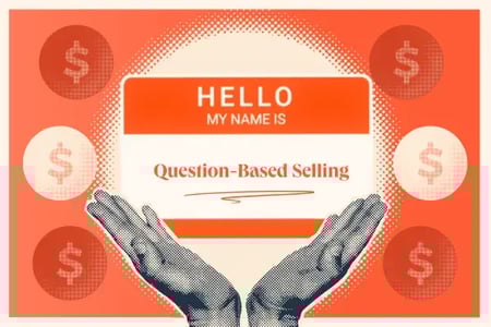 a graphic with a 'hello my name is question-based selling' tag on it surrounded by circular dollar sign symbols