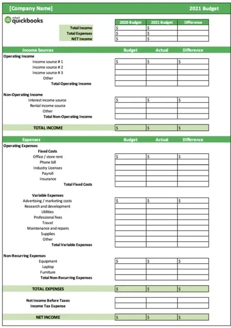 Quickbooks year over year budget template for Microsoft Excel