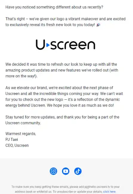 Rebranding Announcement Email Examples - Uscreen
