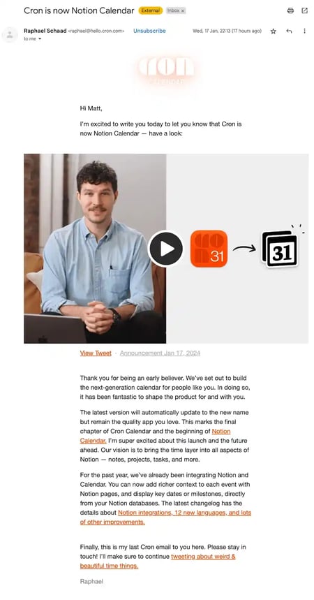 Rebranding Announcement Email Examples - Notion Calendar