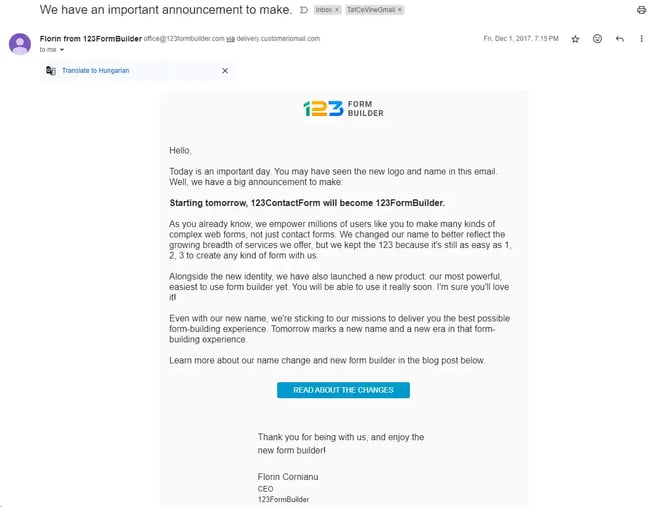 Rebranding Announcement Email Examples - 123FormBuilder