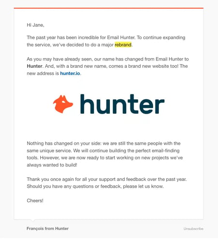 Rebranding Announcement Email Examples - Hunter