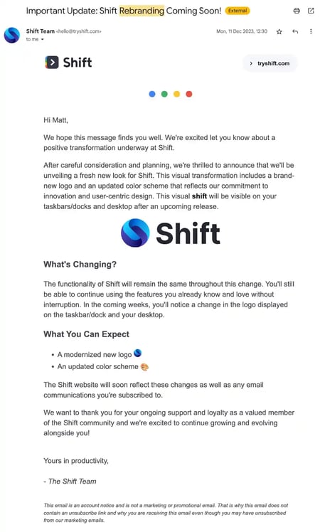 Rebranding Announcement Email Examples - Shift