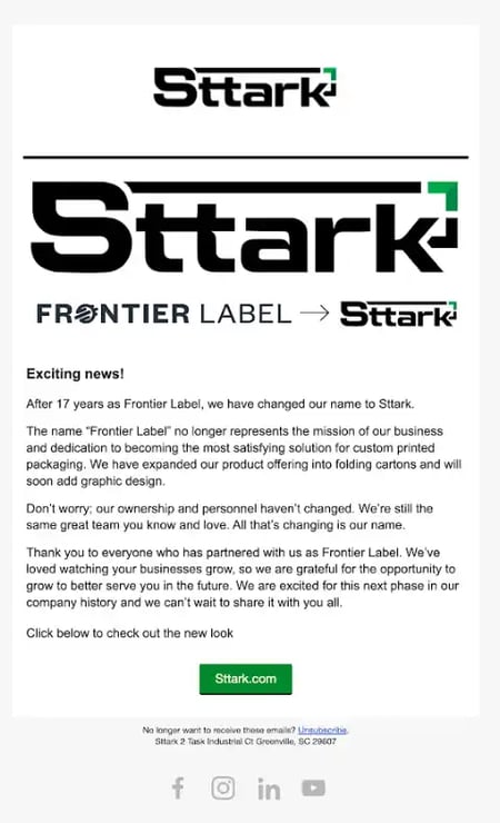 Rebranding Announcement Email Examples - Sttark