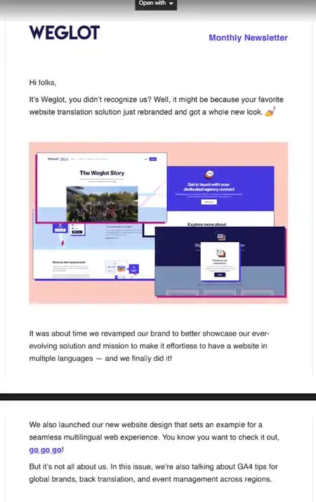 Rebranding Announcement Email Examples - Weglot