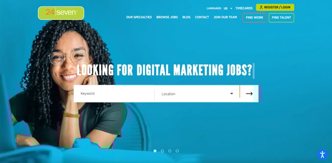The homepage for 24 Seven is an example of a recruitment website design.