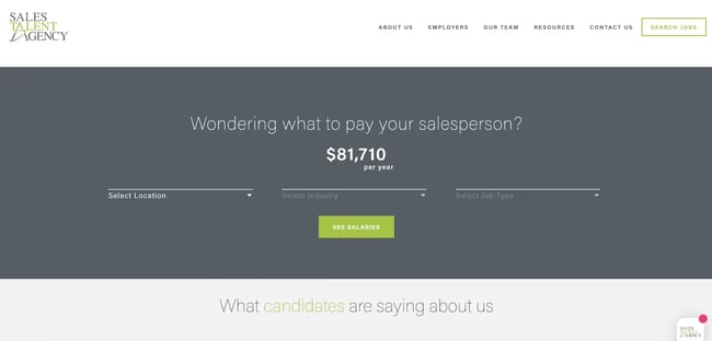 The homepage for Sales Talent Agency is an example of a recruitment website design.