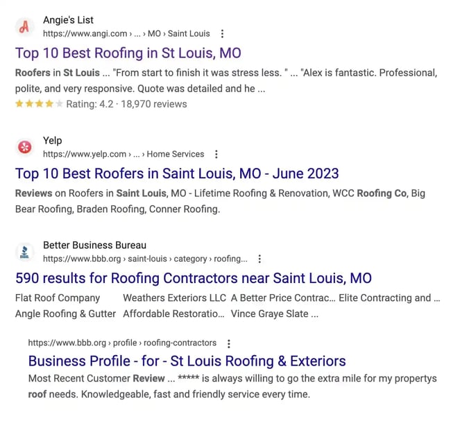referral traffic, top google search results for st louis roofing company reviews