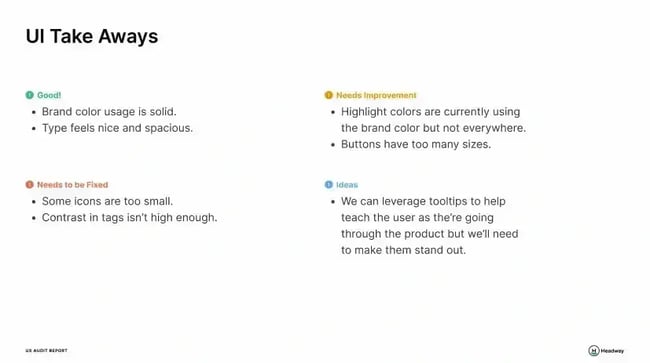 report UI takeaways, UX audit