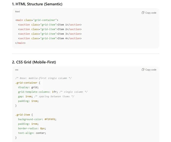 responsive grid layout, ai prompts for web developers