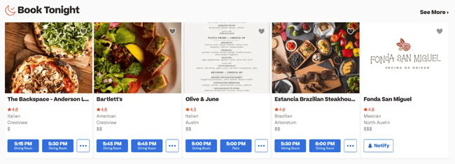 Restaurant marketing ideas: Reservation platform Resy displays restaurant availability for quick and convenient booking.