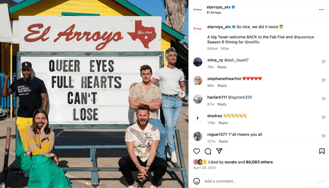 Creative restaurant marketing ideas: The cast of Queer Eye poses in front of El Arroyos marquee sign to promote the show.
